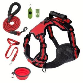 Tactical Service Dog Harness Strap Set, Car Seat Belt, Collapsible Bowl, Biodegradable Trash Bag Set For Dogs (Option: Red-S)