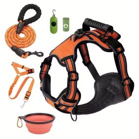 Tactical Service Dog Harness Strap Set, Car Seat Belt, Collapsible Bowl, Biodegradable Trash Bag Set For Dogs (Option: Orange-L)